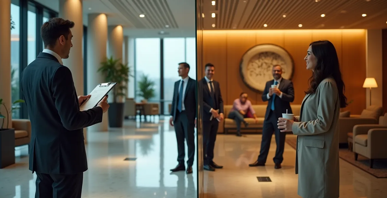 Comparaison visuelle entre une checklist de client mystère et des émotions réelles de clients dans un hall d'hôtel