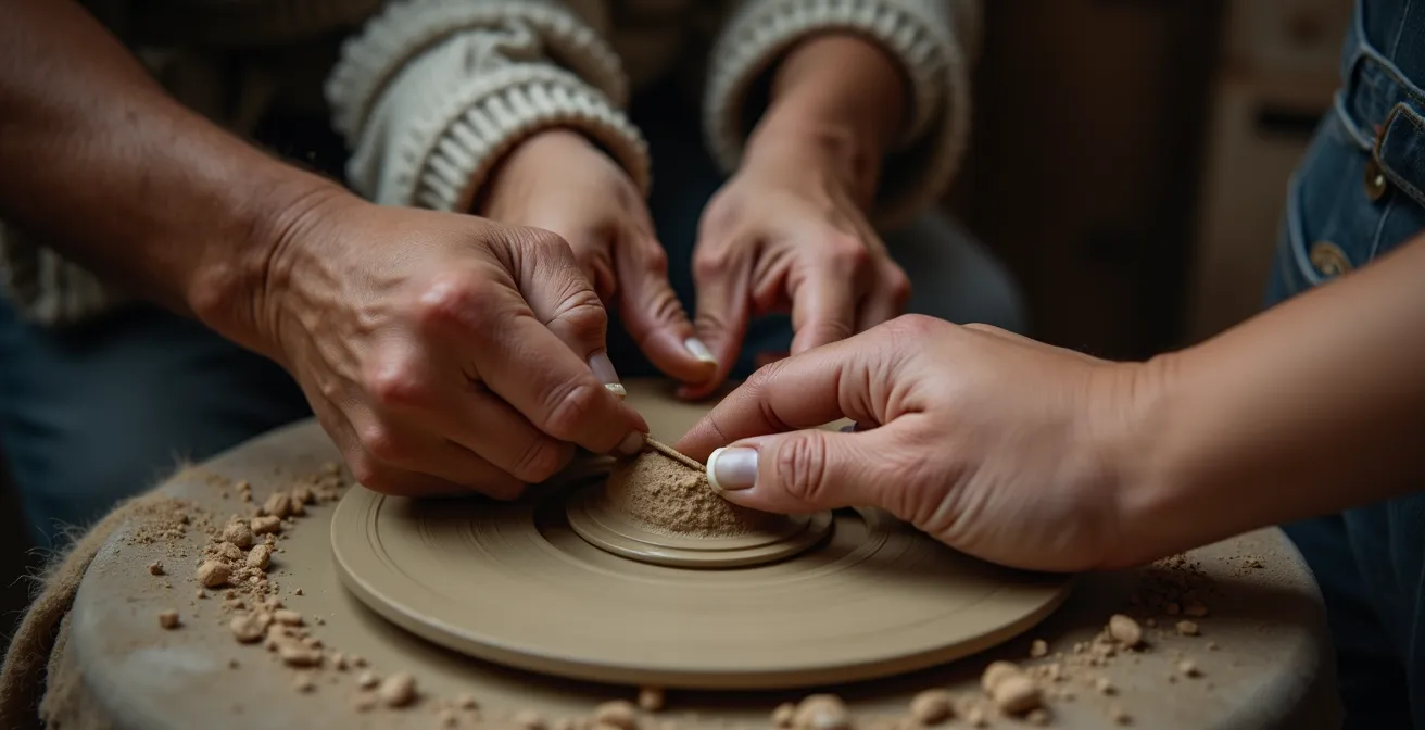 Artisan transmettant un savoir-faire traditionnel à un jeune apprenti dans un atelier