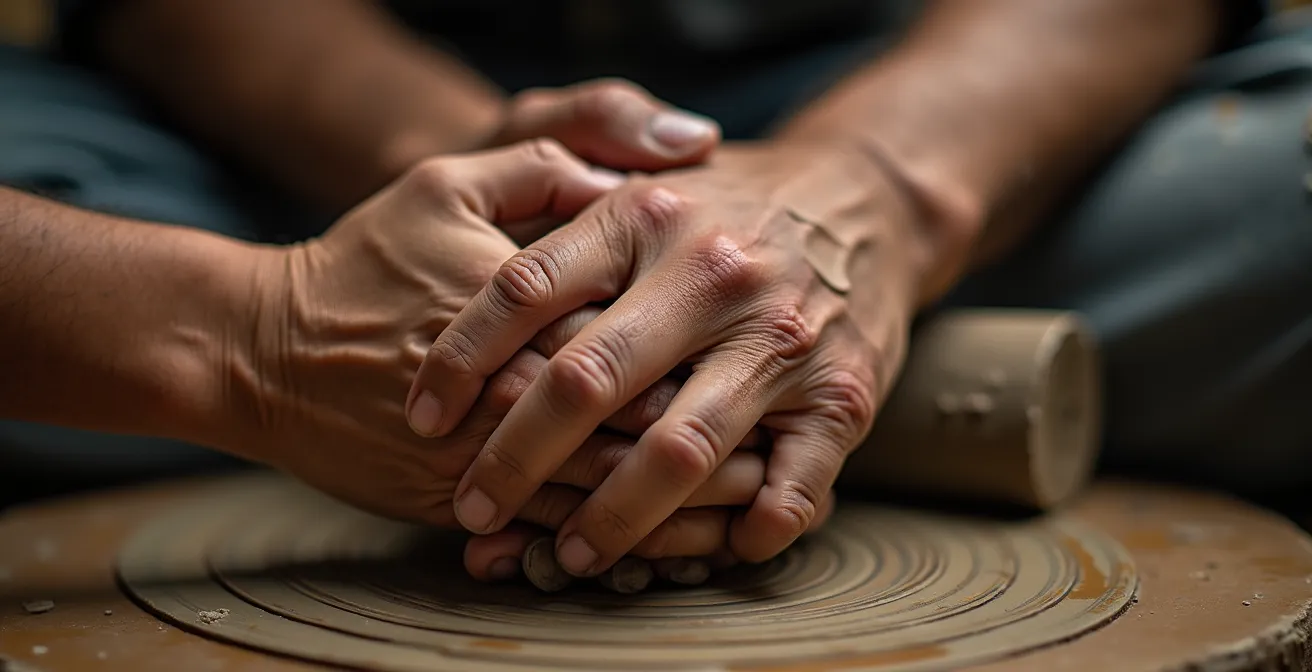 Vue macro de mains expertes guidant l'apprentissage d'un geste artisanal ancestral