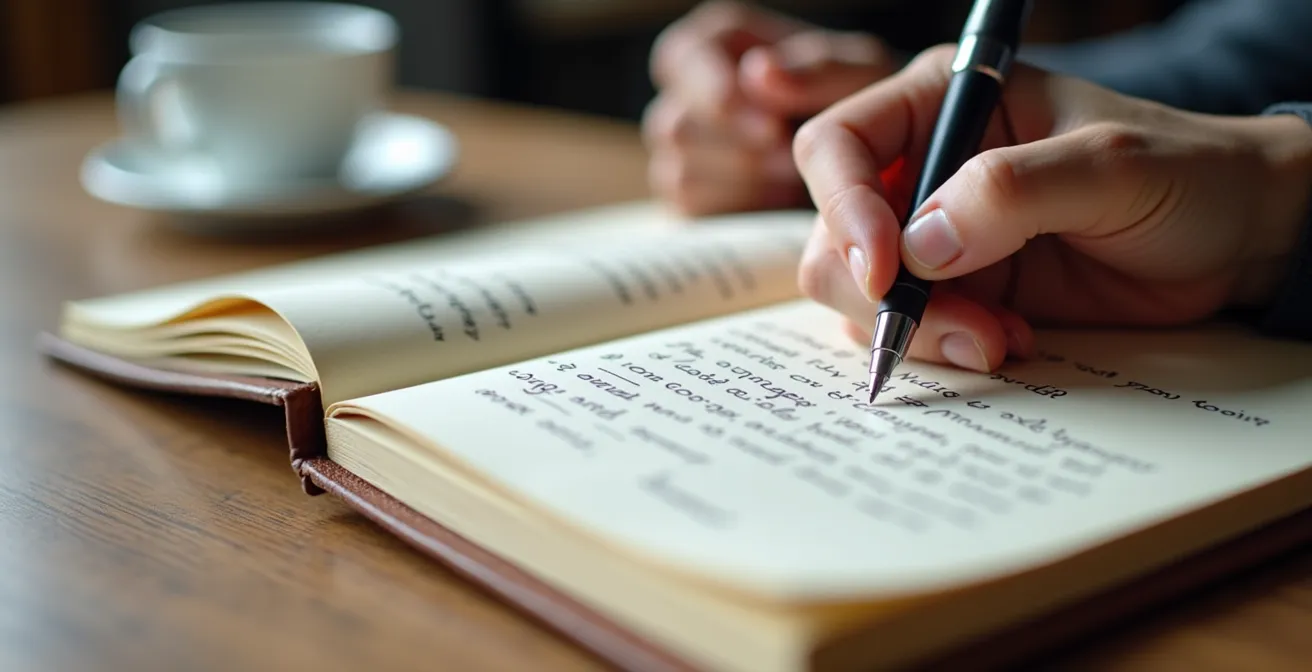 Gros plan sur les mains d'une personne prenant des notes dans un carnet professionnel