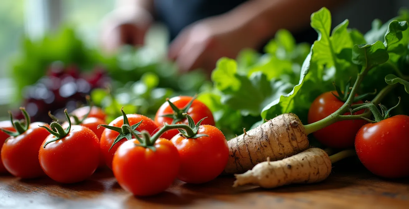 Vue macro de légumes frais locaux avec des mains de chef en arrière-plan flou