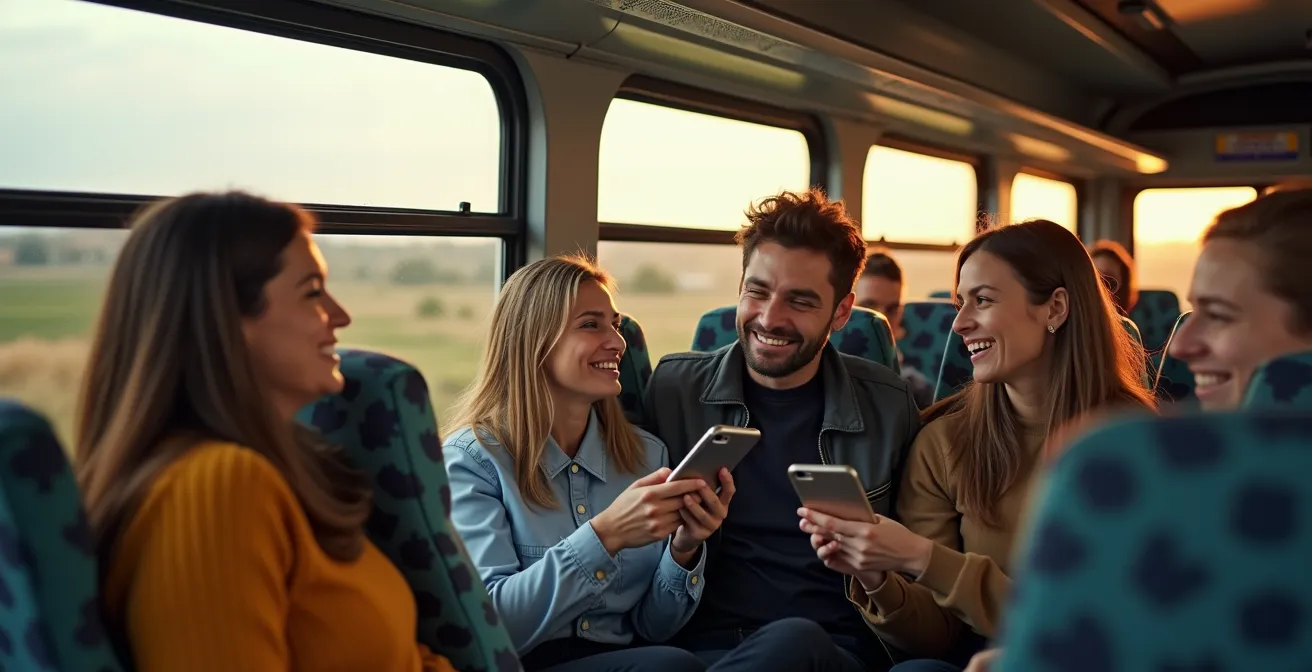 Groupe de jeunes voyageurs dans un autocar moderne avec activités interactives