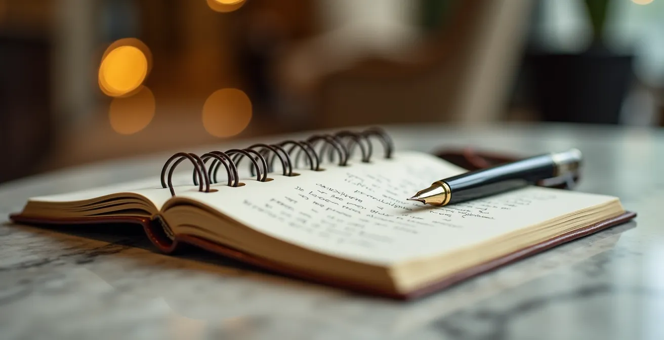 Vue rapprochée d'un carnet de notes avec des observations manuscrites sur un bureau élégant