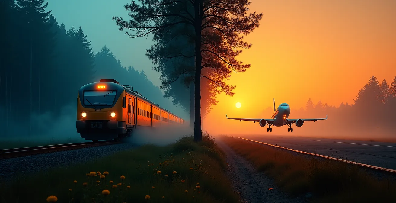 Visualisation comparative des émissions CO2 entre train de nuit et avion avec représentation symbolique