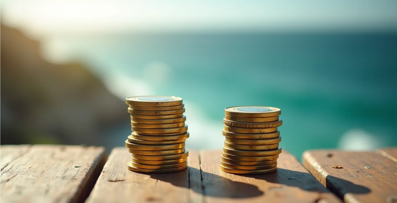 Deux tas de pièces de monnaie sur une carte avec mer en arrière-plan, symbolisant la comparaison des salaires entre la Côte d'Azur et le Pays Basque.