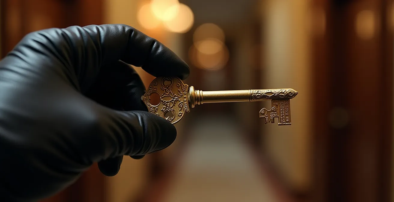 Main gantée de concierge tenant une clé dorée devant un couloir d'hôtel luxueux flou en arrière-plan