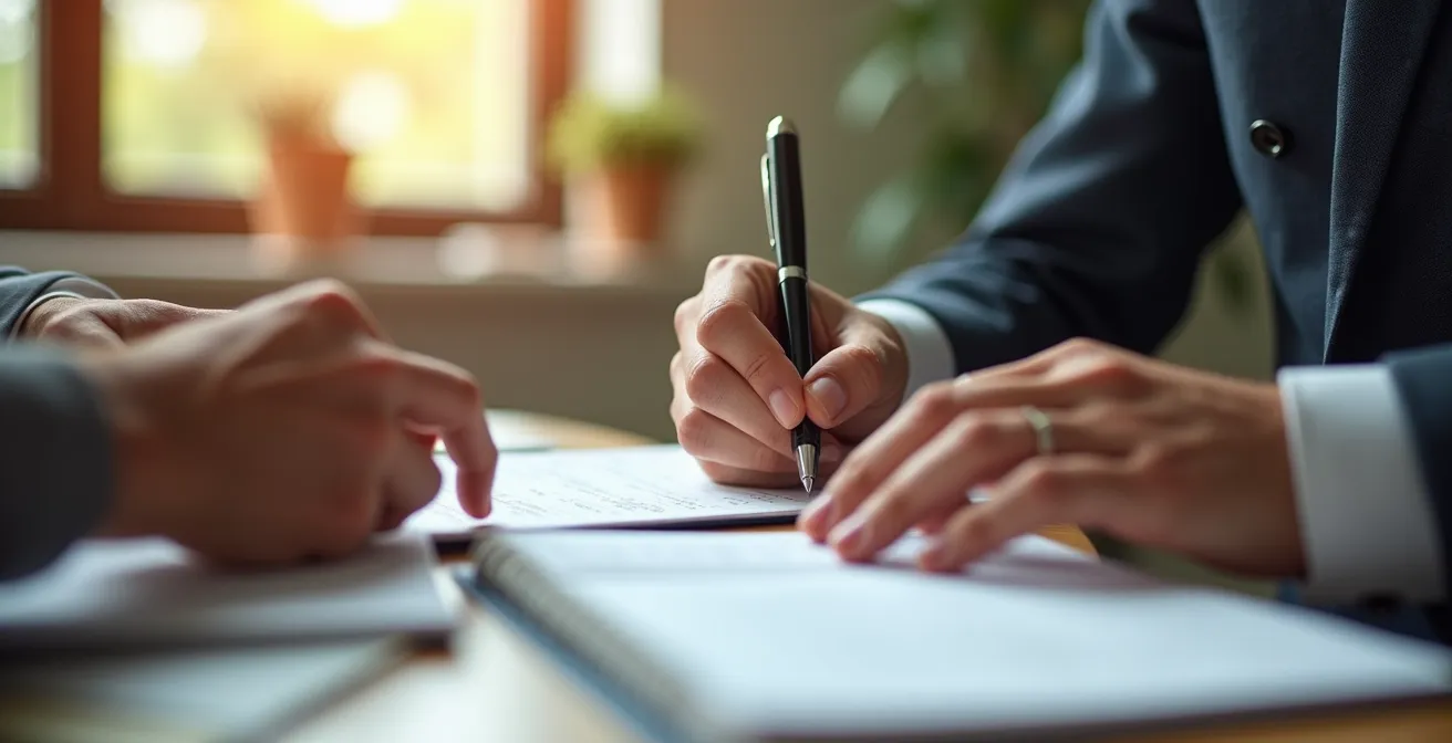 Gros plan sur les mains d'un conseiller voyage prenant des notes pendant un échange avec un client