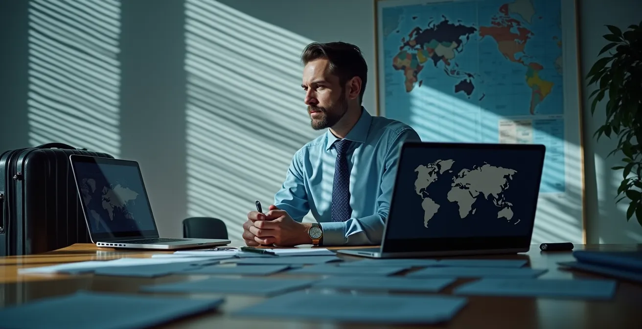 Conseiller voyage au téléphone gérant une situation d'urgence avec professionnalisme