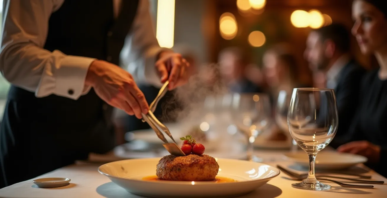 Un maître d'hôtel effectue une découpe élégante en salle devant des convives attentifs