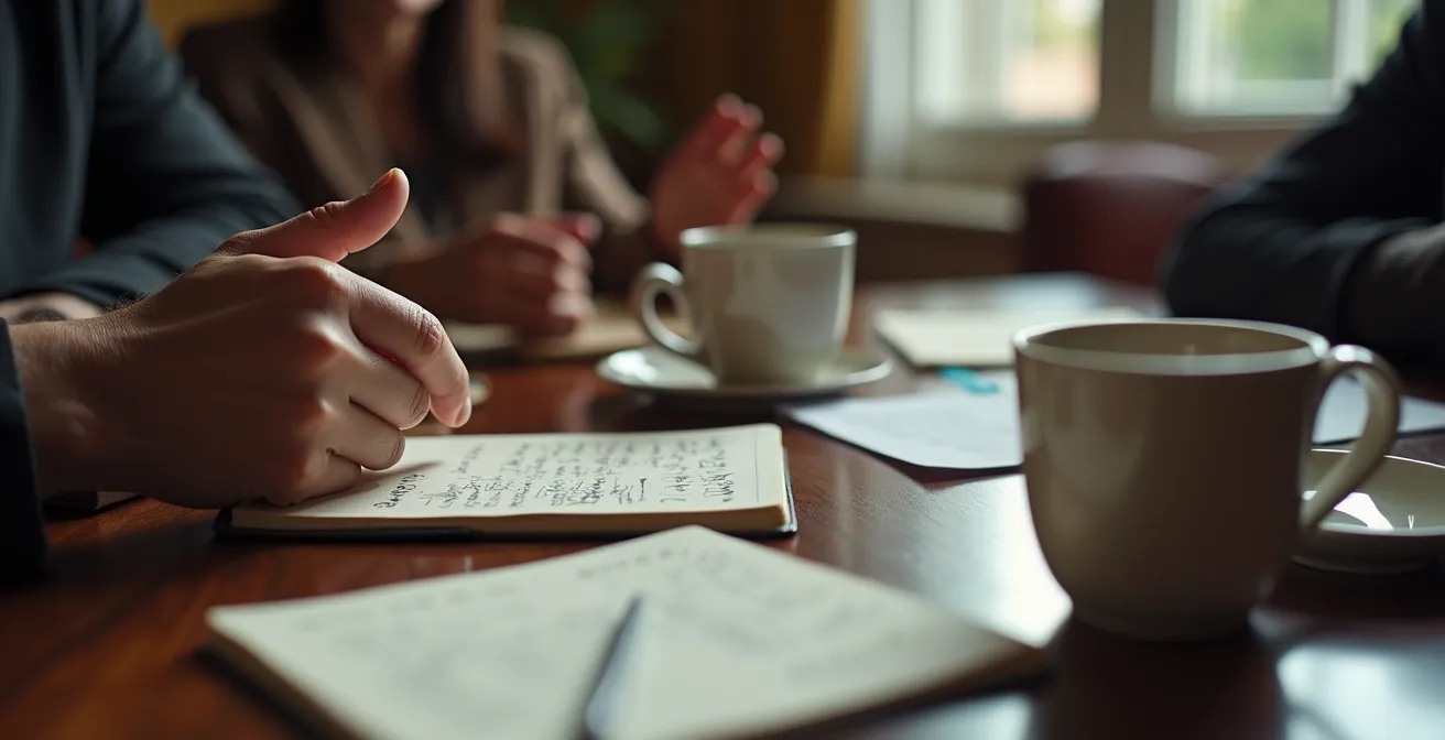 Gros plan sur une conversation empathique entre un manager d'hôtel et un client dans un salon feutré