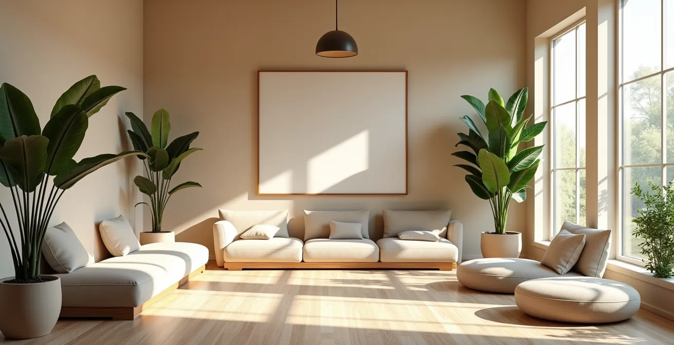 Vue grand angle d'un espace de repos zen pour le personnel avec lumière naturelle apaisante