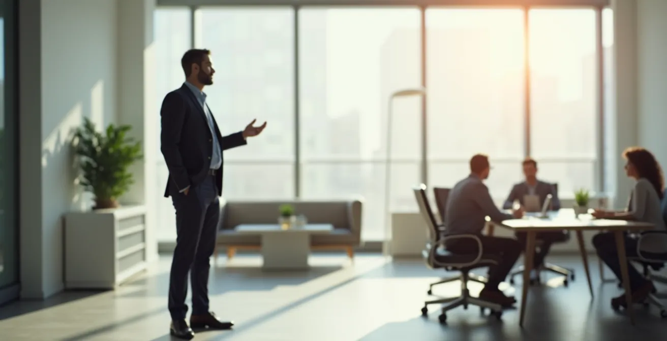 Vue large d'un espace de travail moderne avec une personne en réunion professionnelle