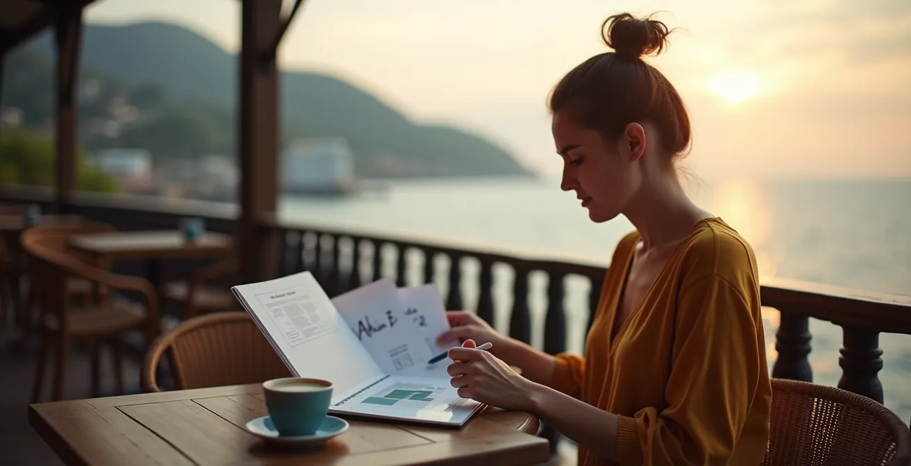 Personne étudiant des documents de formation professionnelle avec vue sur la mer en arrière-plan