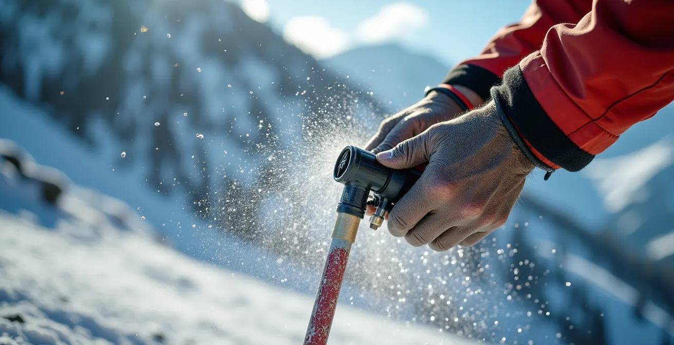 Gros plan sur des mains expertes ajustant un système de neige artificielle avec des gouttes d'eau en suspension
