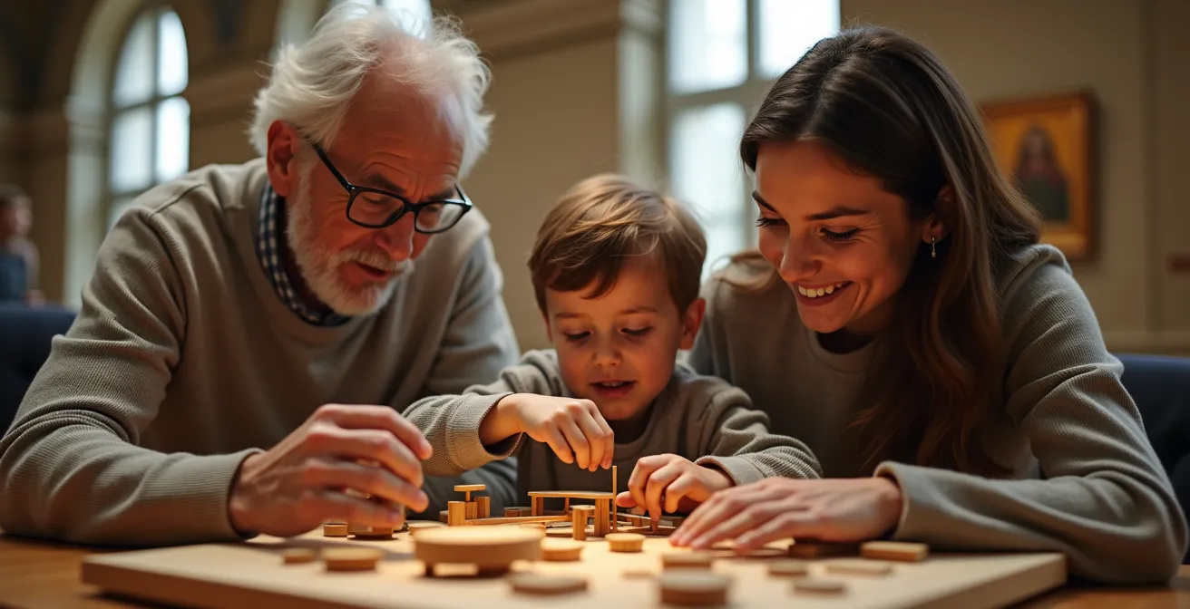 Famille multigénérationnelle découvrant ensemble une installation ludique dans un espace muséal