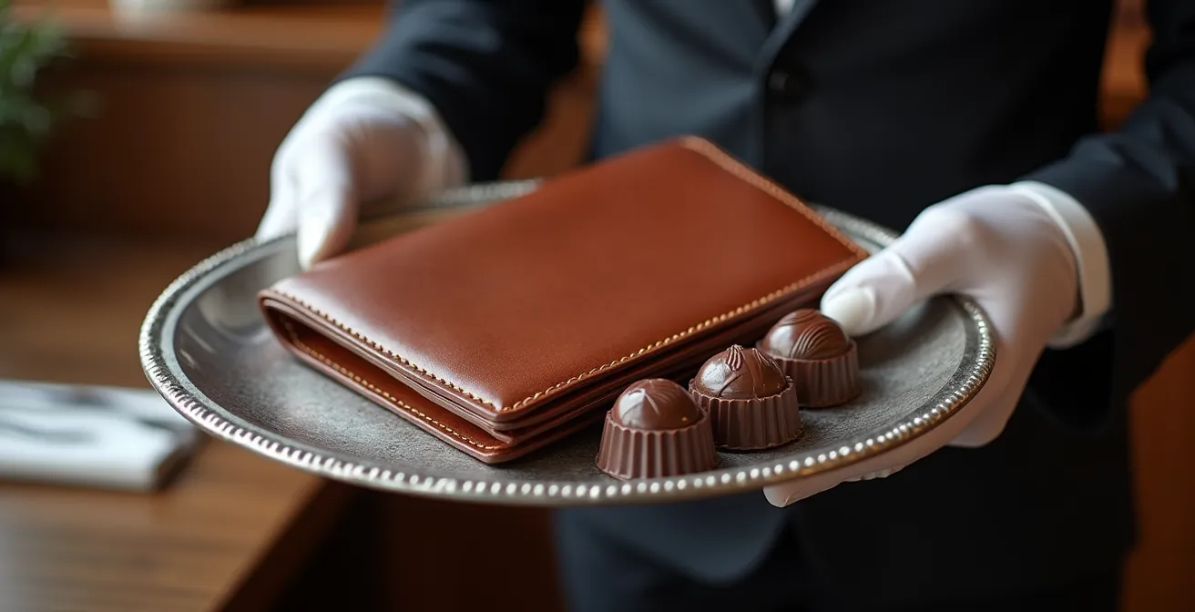 Gros plan sur une main de serveur présentant l'addition avec des chocolats artisanaux