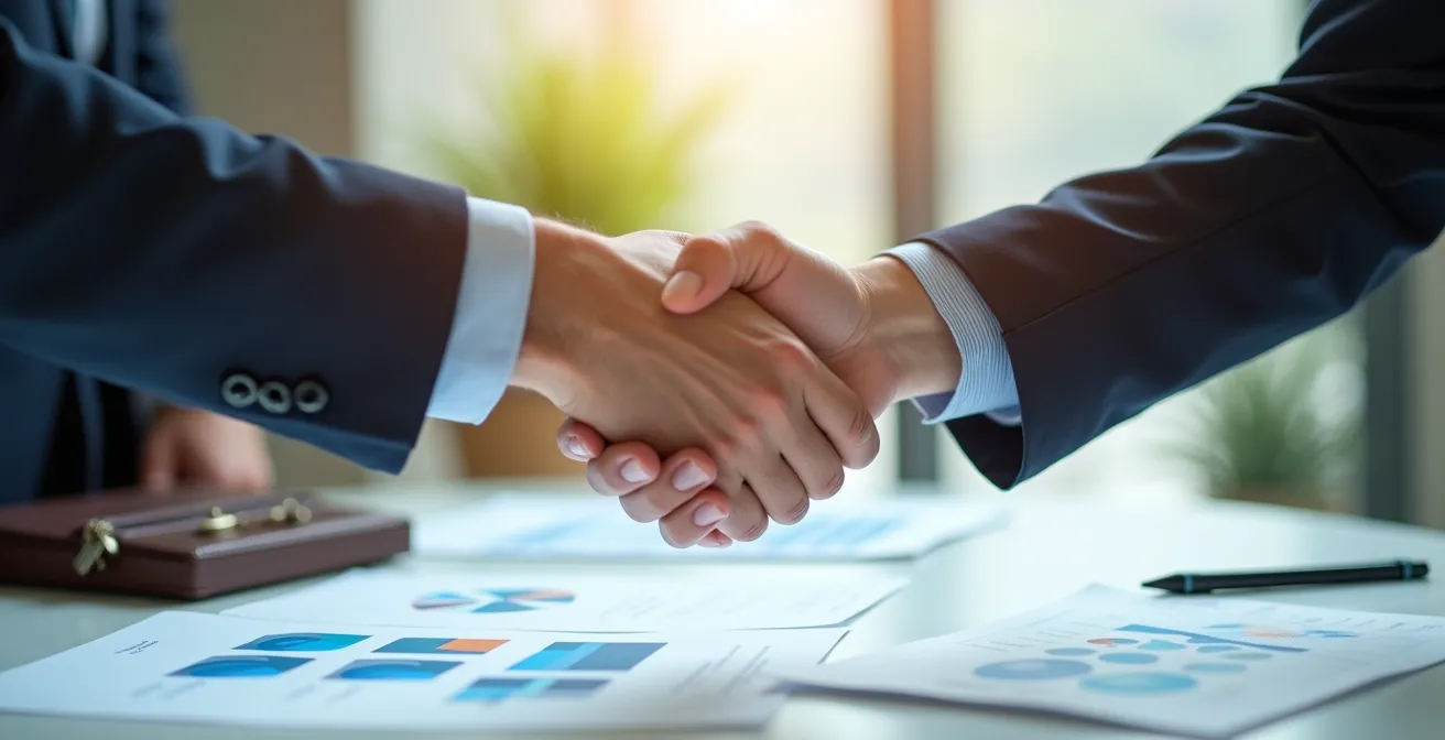 Mains professionnelles échangeant symboliquement documents et poignée de main dans un environnement de bureau lumineux