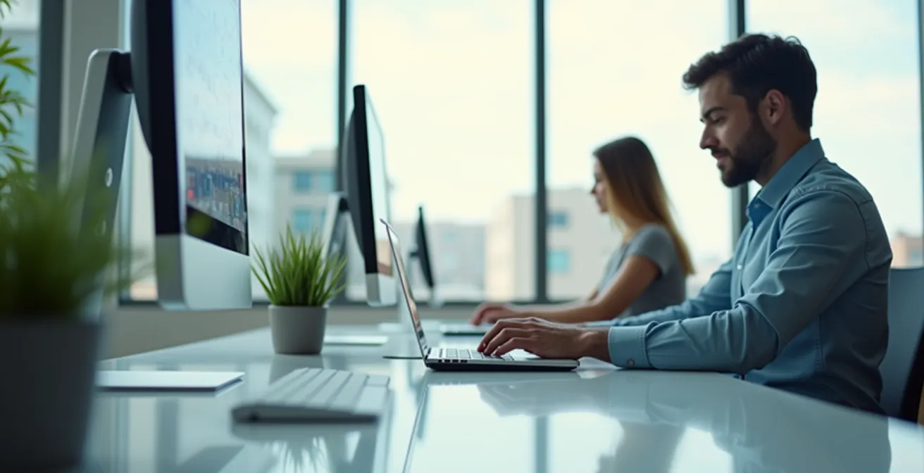 Espace de travail moderne avec une personne suivant une formation digitale sur le tourisme, symbolisant l'auto-formation.