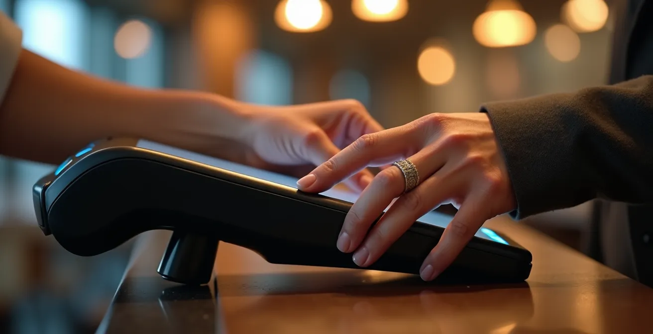 Gros plan sur les mains d'un professionnel manipulant un terminal de paiement moderne dans un environnement de restaurant