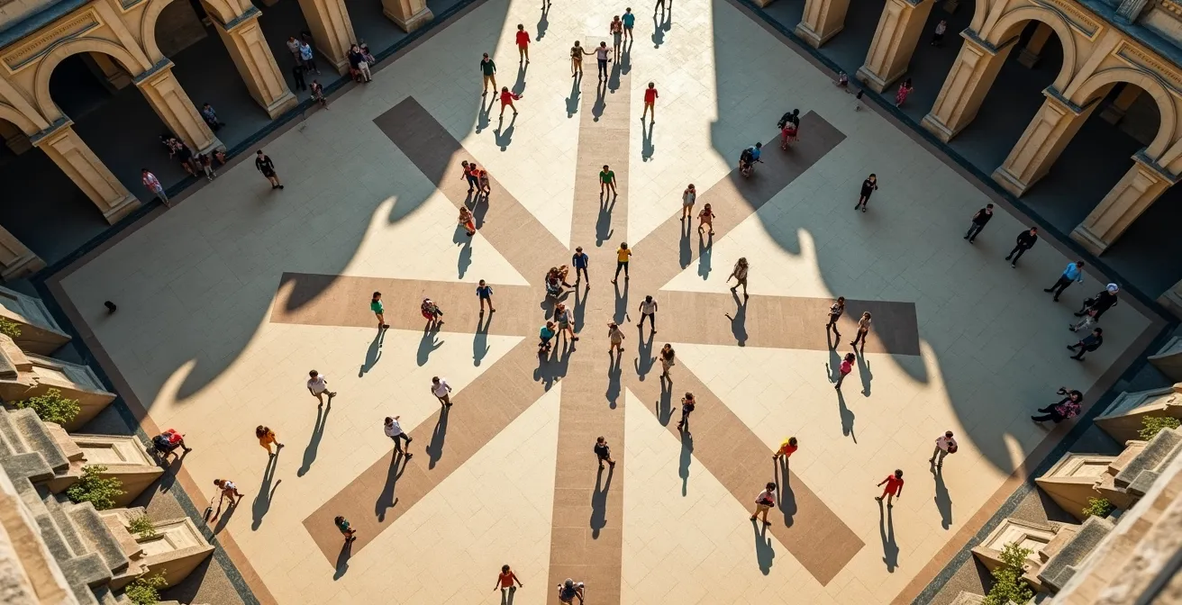 Vue aérienne d'une foule de touristes formant des flux naturels autour d'un monument historique