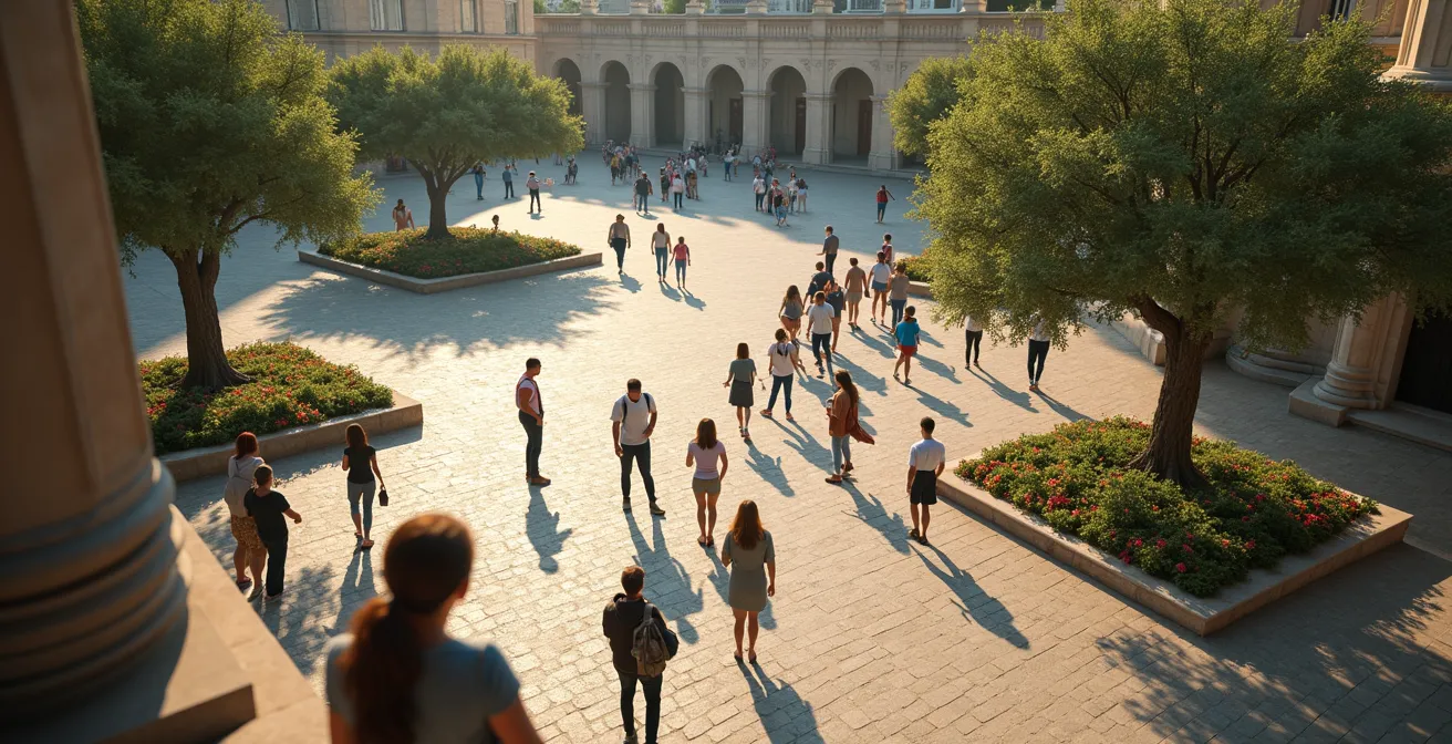 Vue plongeante d'une place touristique avec flux de visiteurs organisés et espaces préservés