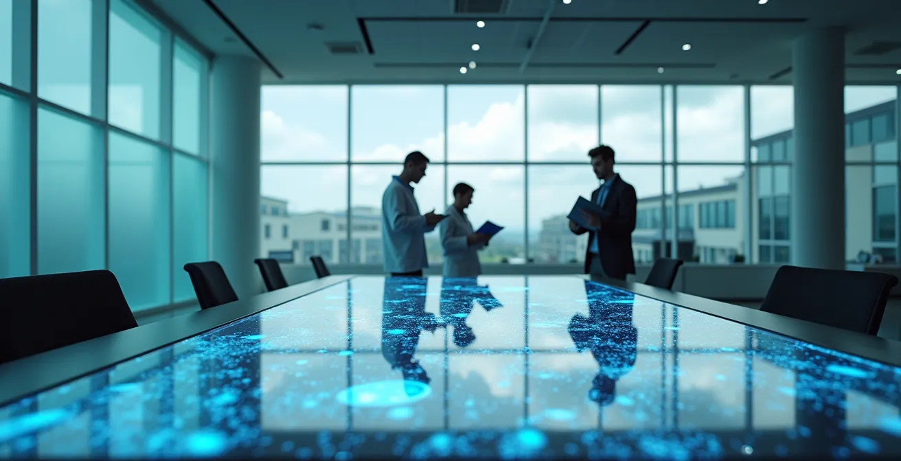 Espace de recherche universitaire moderne avec équipements technologiques et vue panoramique