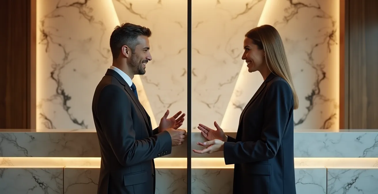 Réceptionniste d'hôtel démontrant une posture professionnelle et un sourire authentique