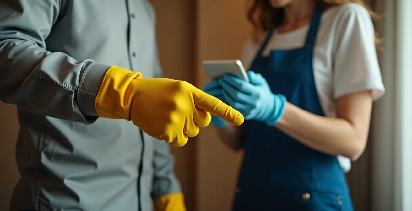 Technicien et femme de chambre collaborant sur une tablette pour signaler un problème technique