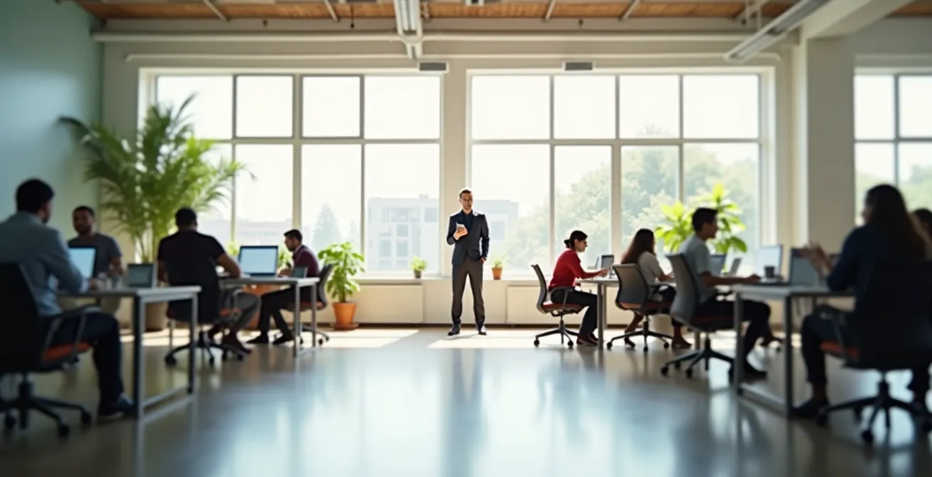 Manager observant son équipe travaillant en autonomie dans un espace collaboratif