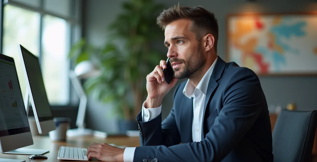 Manager d'hôtel au téléphone dans un bureau moderne négociant un relogement client