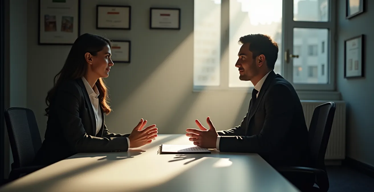 Manager rassurant une employée dans un bureau privé, atmosphère de soutien et de protection