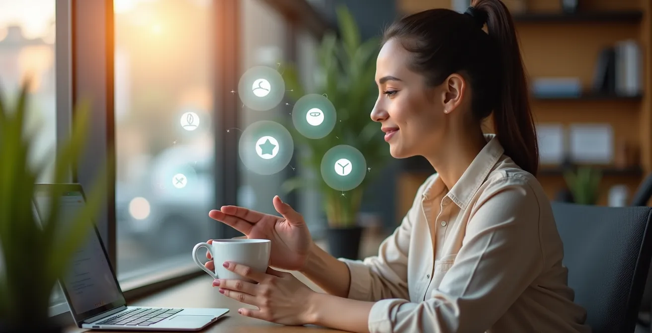 Professionnel du tourisme en formation courte sur tablette dans un espace de travail moderne