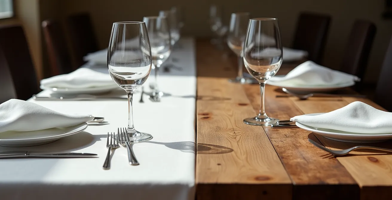 Comparaison visuelle entre une table nappée traditionnelle et une table en bois brut dans un cadre bistrot