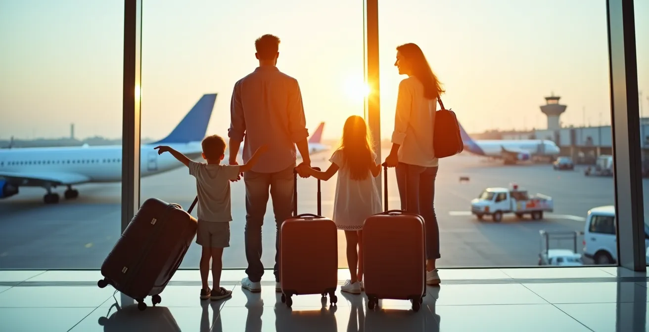 Famille avec valises dans un aéroport international moderne