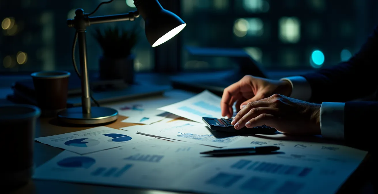 Night auditor travaillant seul dans un bureau d'hôtel la nuit avec plusieurs écrans affichant des graphiques