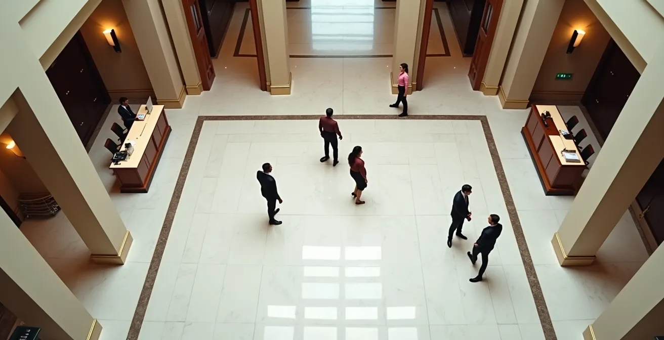 Vue en plongée d'un lobby d'hôtel montrant l'interaction entre différents services