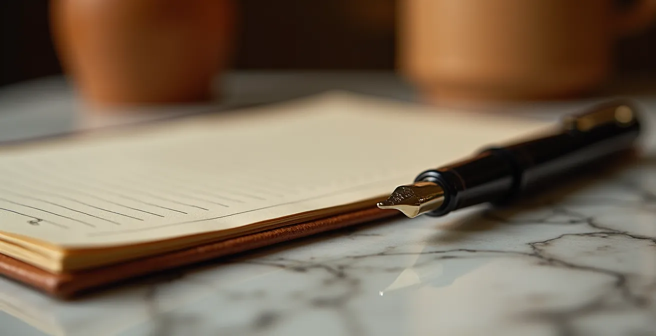 Vue macro d'un carnet de notes élégant avec un stylo plume sur un bureau en marbre