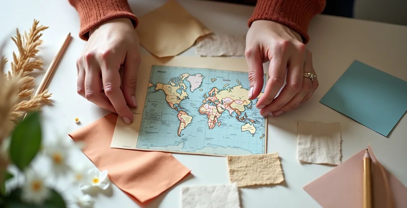 Mains créant un portfolio de voyages sur une table de travail, symbolisant la conception touristique.