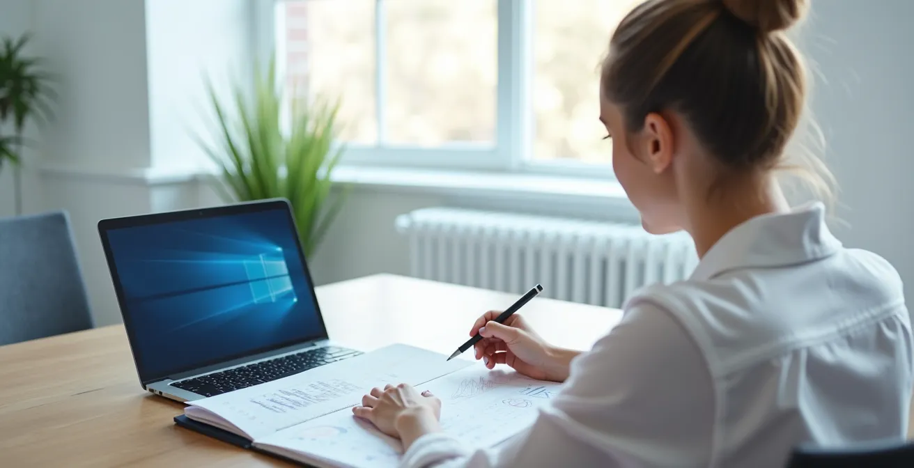 Professionnel analysant des profils sur ordinateur portable avec carnet de notes et graphiques