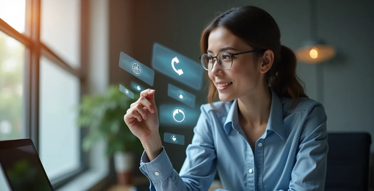 Agent de voyage en transition vers le digital, symbolisant l'acquisition de nouvelles compétences.