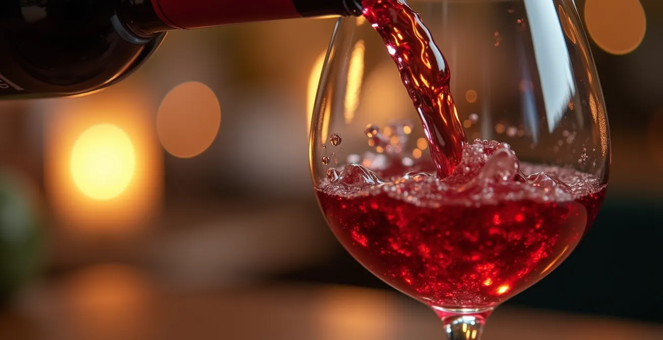 Gros plan sur le service professionnel du vin avec focus sur le geste précis du versement