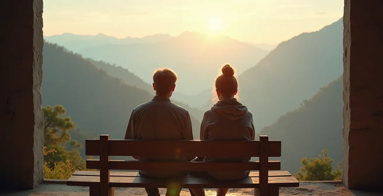 Voyageurs contemplant un paysage naturel préservé en mode slow tourism