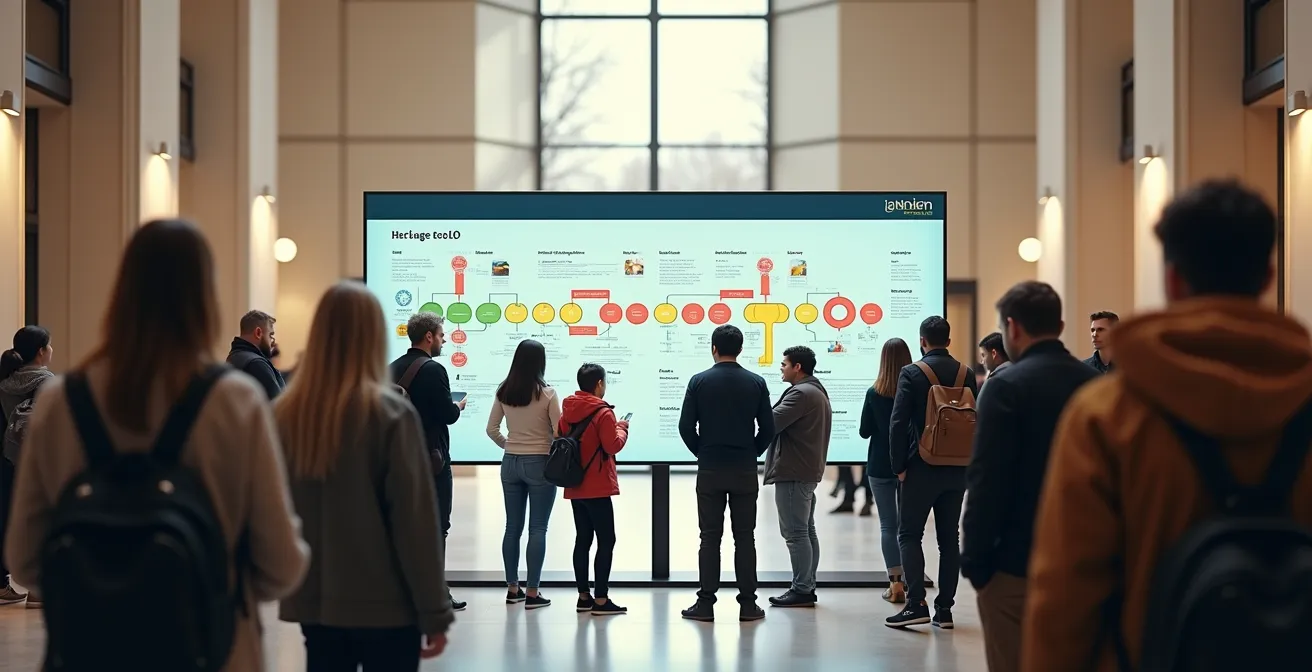 Visiteurs consultant un panneau d'information tarifaire transparent avec graphique des flux