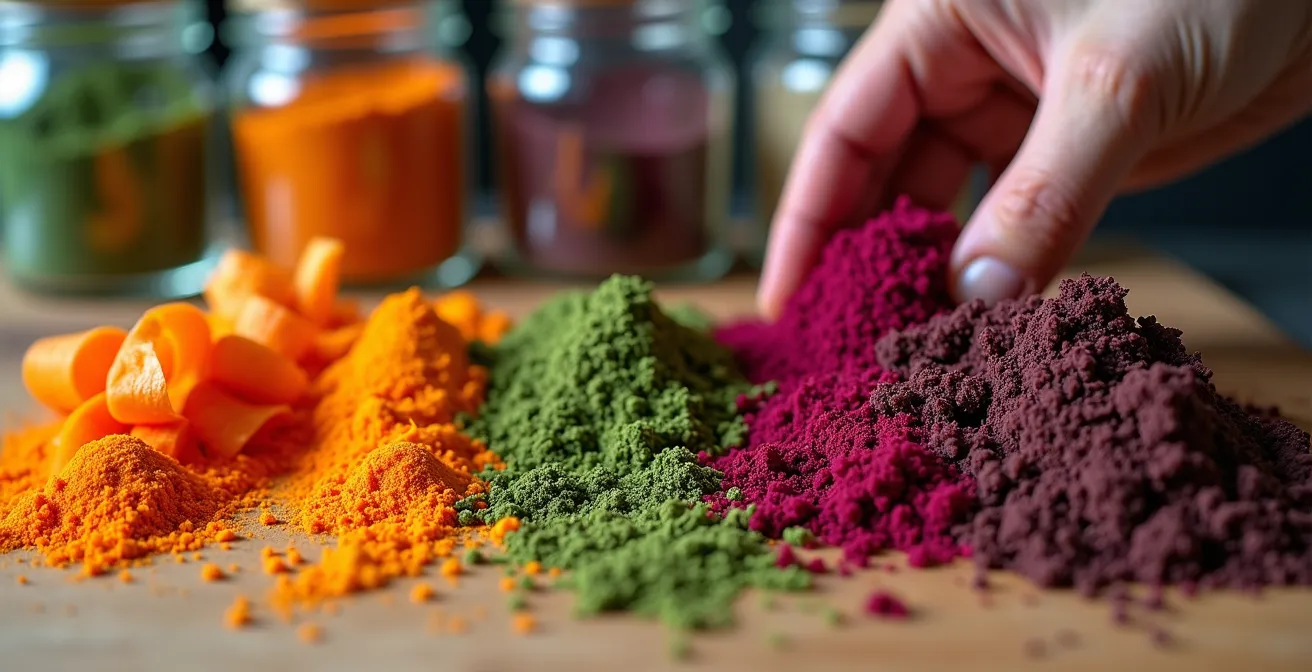 Mains de chef transformant des épluchures de légumes en poudres aromatiques colorées