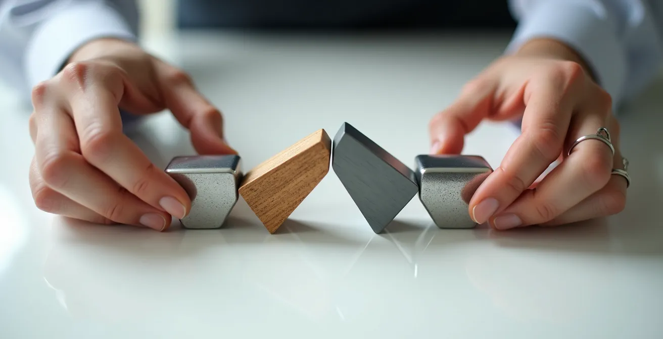 Mise en scène métaphorique d'un CV enrichi d'expériences internationales, symbolisé par l'assemblage de formes géométriques.