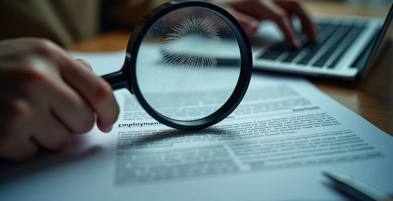 Personne vérifiant des documents d'embauche avec une loupe, symbolisant la vigilance face aux arnaques