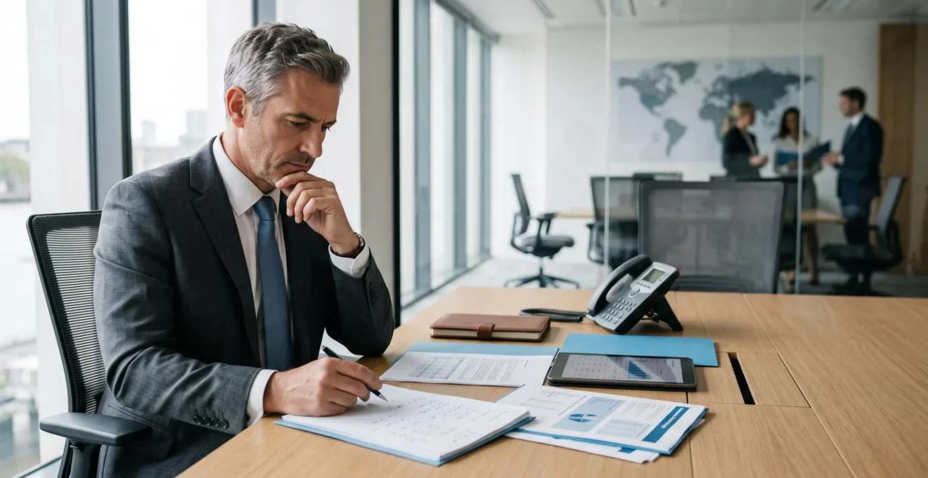 Cadre senior d'environ 50 ans en réflexion stratégique à son bureau moderne avec documents de planification de carrière internationale