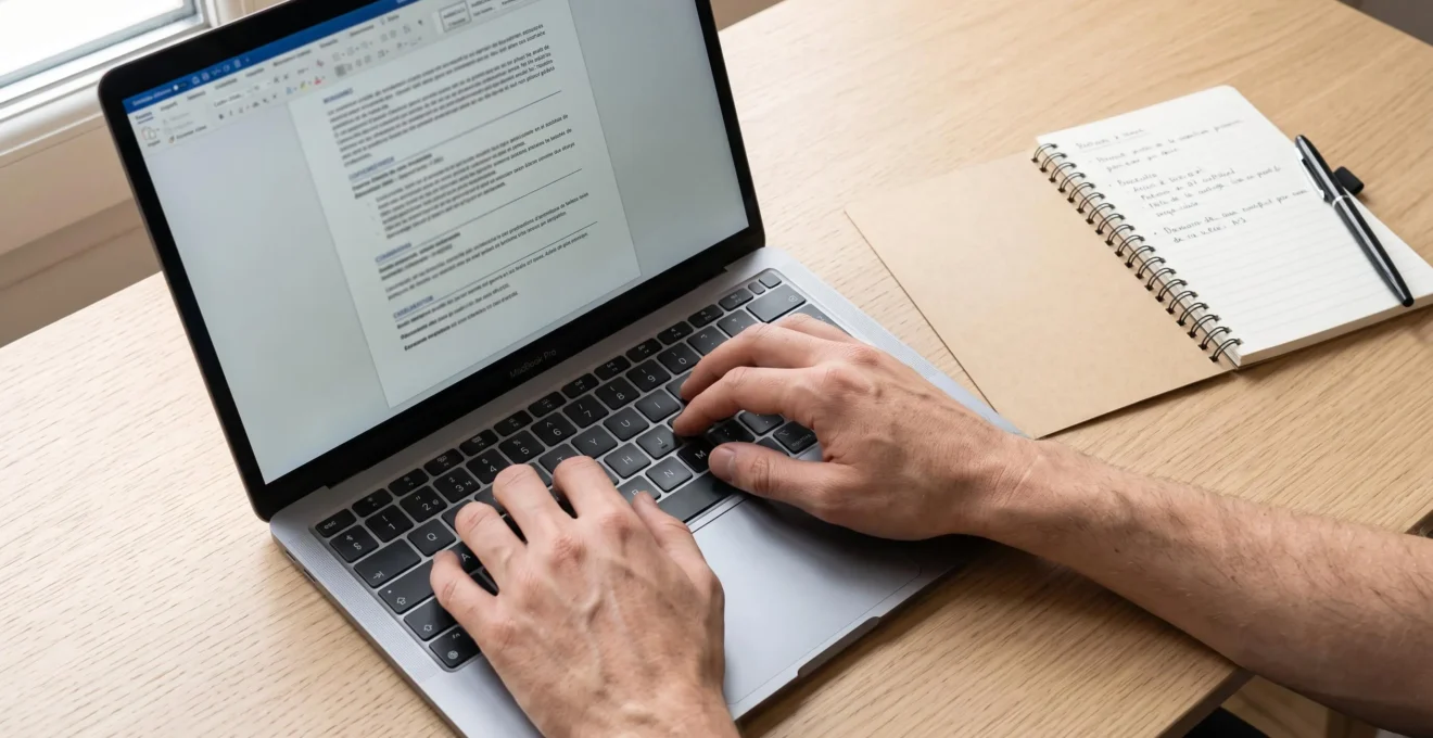 Mains d'un professionnel tapant sur le clavier d'un ordinateur portable affichant un CV, avec un carnet de notes ouvert à côté sur un bureau en bois clair