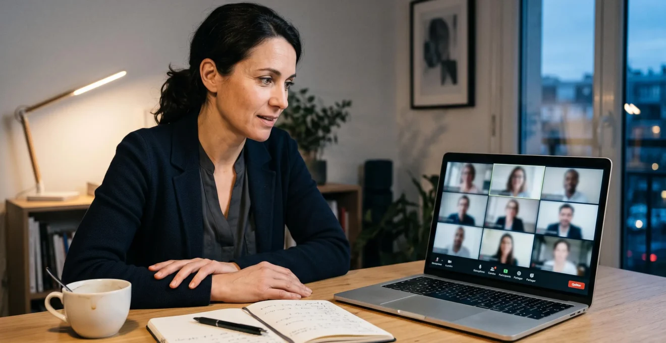 Professionnel participant à une visioconférence internationale sur ordinateur portable dans un bureau moderne en soirée avec éclairage d'appoint