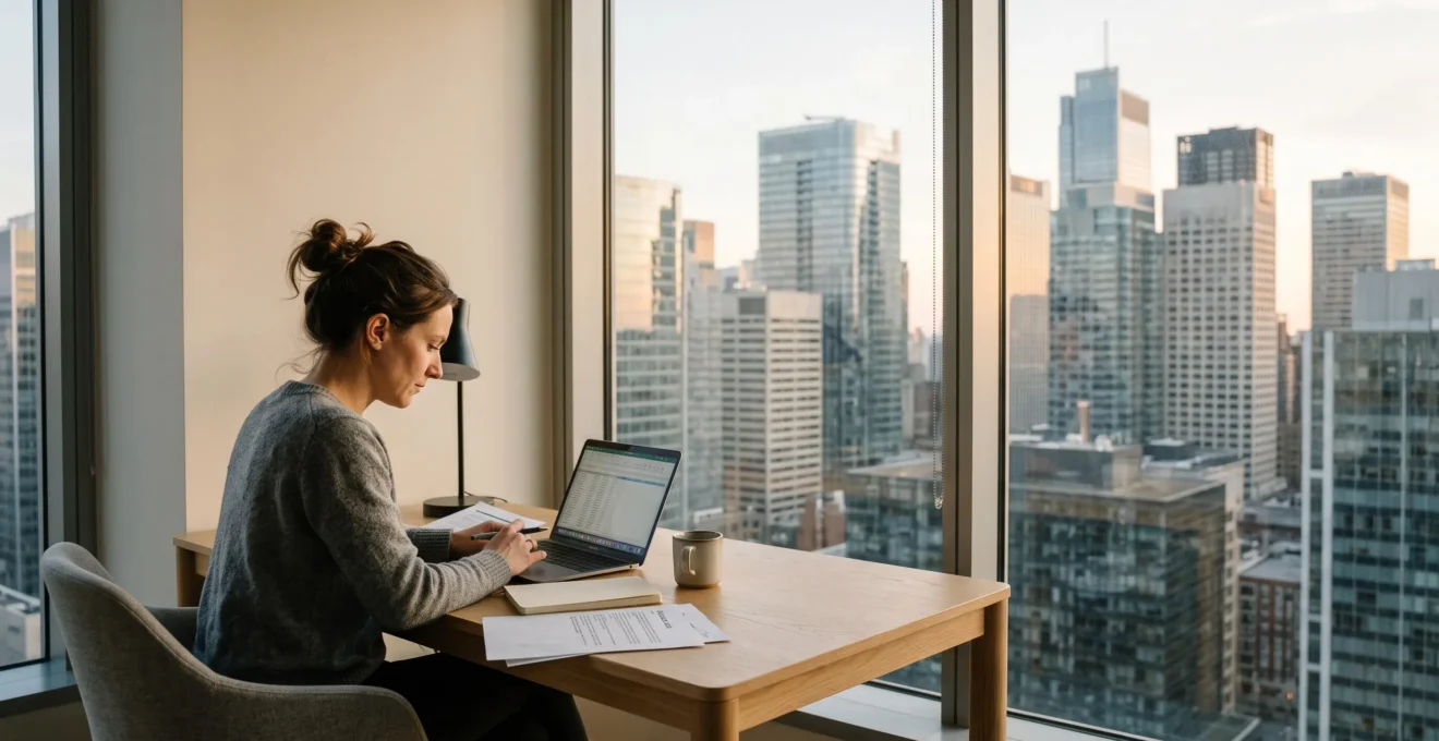 Professionnel travaillant de manière concentrée sur ordinateur portable dans un bureau moderne avec vue sur une skyline urbaine internationale
